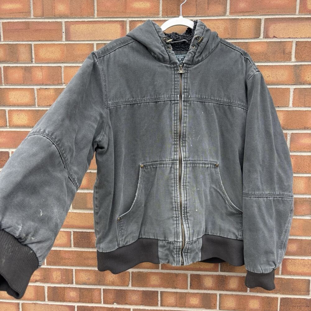 Y2K GH Bass Co Canvas Work Jacket Hooded Sherpa Lined Mens L Moss Gray Zip Fall